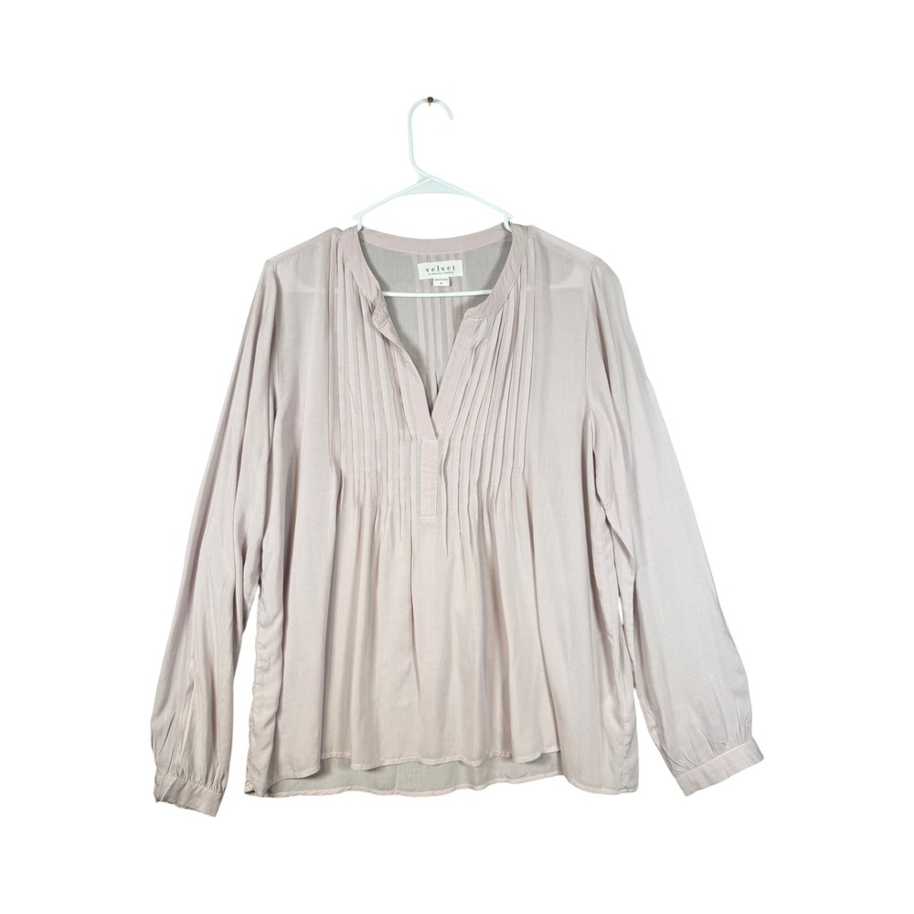 Velvet by Graham & Spencer Lavender Pintuck Pleated Split Neck Blouse Top Small